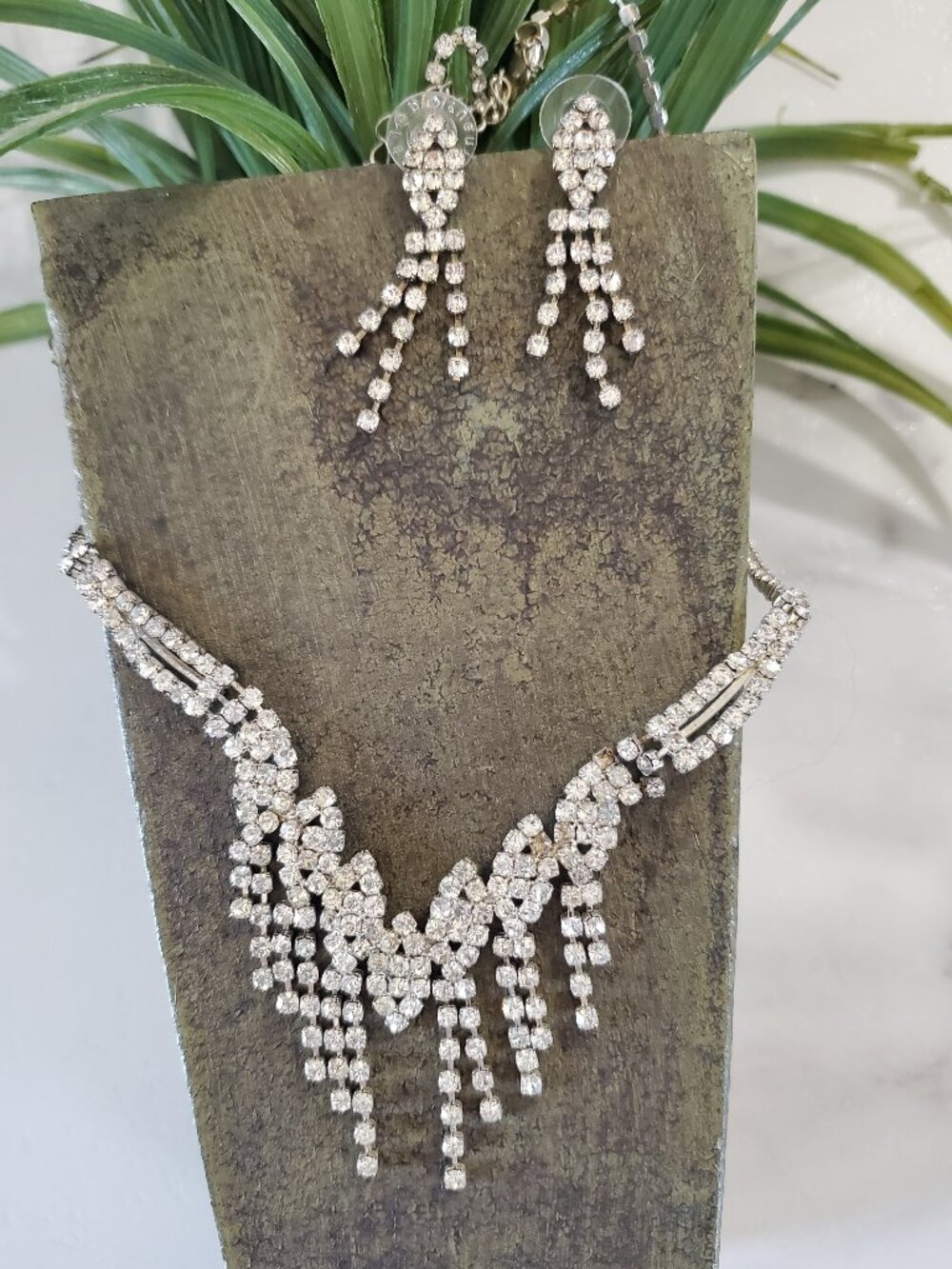 Rhinestone Clear Crystals Silver-Tone Cascading Necklace & Earrings Set